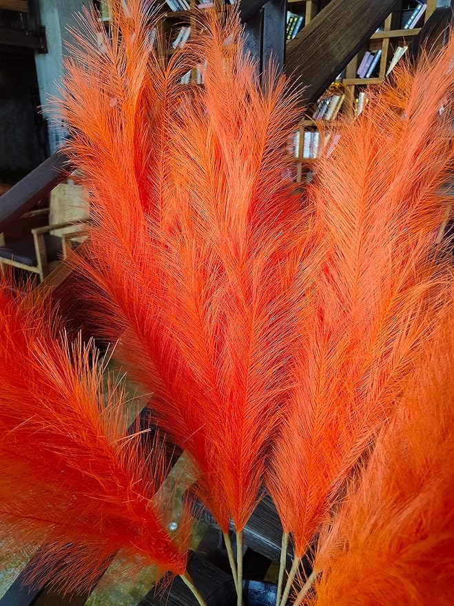 Premium Faux Pampas Grass Decor Tall & Fluffy, No Assembly Needed Long Pampas, Luxury Large Floral, Elegant Feather Flowers for Wedding Decor(Faux Orange, 8pcs 43.3"(110cm))