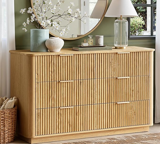 win2win 6 Drawer Dresser, Mid Century Modern Dresser with Storage, 47" Wide Fluted Chest of Drawers with Faux Marble Top, Dressers TV Stand, Drawers Organizer for Bedroom, Living Room, Hallway, Oak