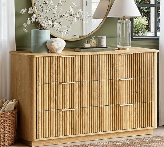 win2win 6 Drawer Dresser, Mid Century Modern Dresser with Storage, 47" Wide Fluted Chest of Drawers with Faux Marble Top, Dressers TV Stand, Drawers Organizer for Bedroom, Living Room, Hallway, Oak