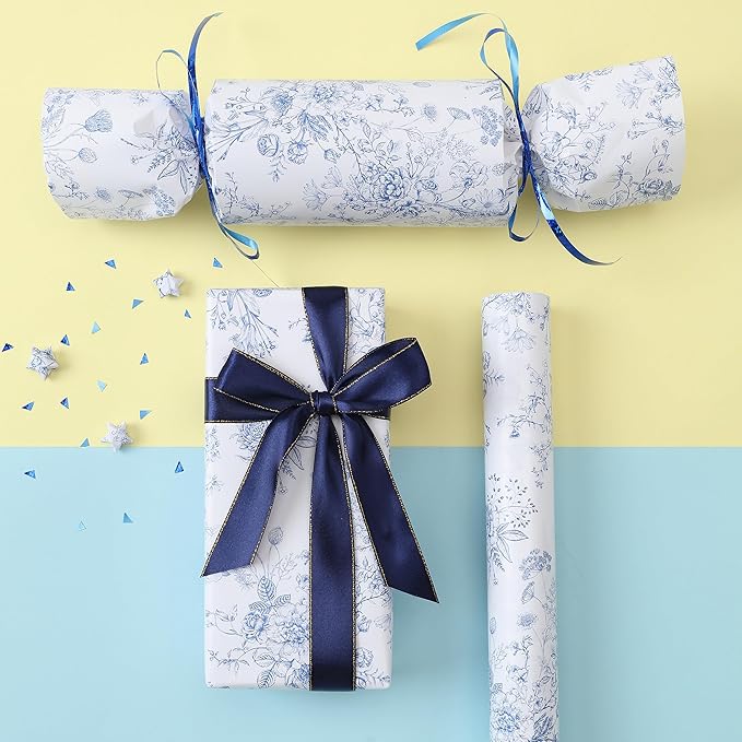 Blue Floral Wrapping Paper Roll, Mini Roll-17 Inches * 32.8 Feet, Flowers Design Wrap Paper for Girls Women Grandma, for Birthdays, Valentine's Day, Weddings, Anniversaries, Mother's Day, 1 Roll