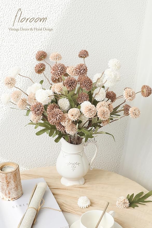 Floroom 9pcs Taupe Beige Mix Faux Silk Mums Artificial Flowers, Bulk Fake Small Mini Chrysanthemums with Stems for DIY Wedding Centerpieces Floral Arrangements Vase Fillers Home Decorations