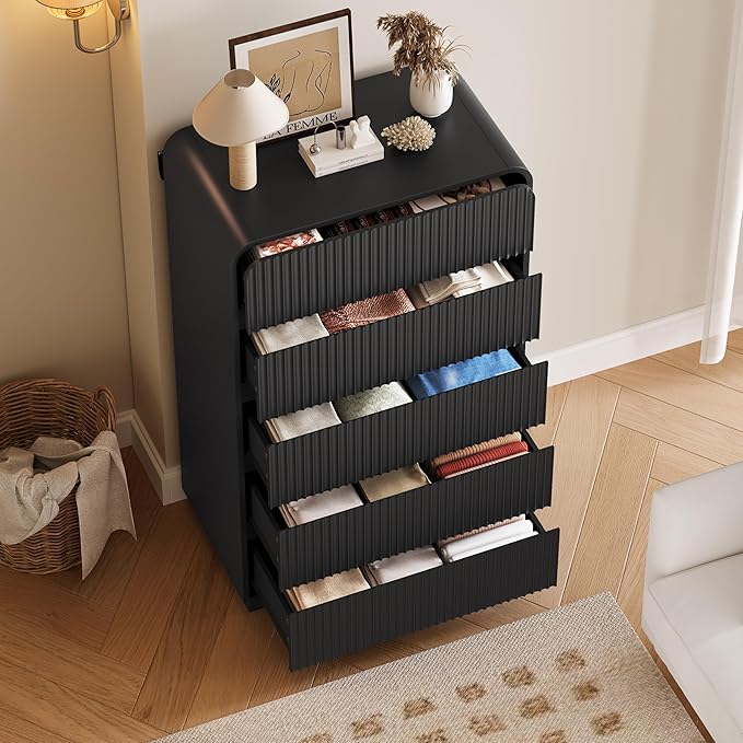 Tall Dresser for Bedroom with 5 Drawers, Fluted Chest of Drawers with Round Curved Corner, Hidden Handles, Modern Wood Storage Organizer for Bedroom, Nursery, Living Room
