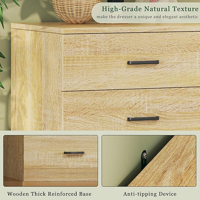 Dresser for Bedroom with 12 Drawers, 60'' Wood Mid Century Modern Dressers, Large Chests of Drawers TV Stand, Natural Wood Grain, Storage Unit Dresser for Bedroom, Entryway, Hallway, Natural