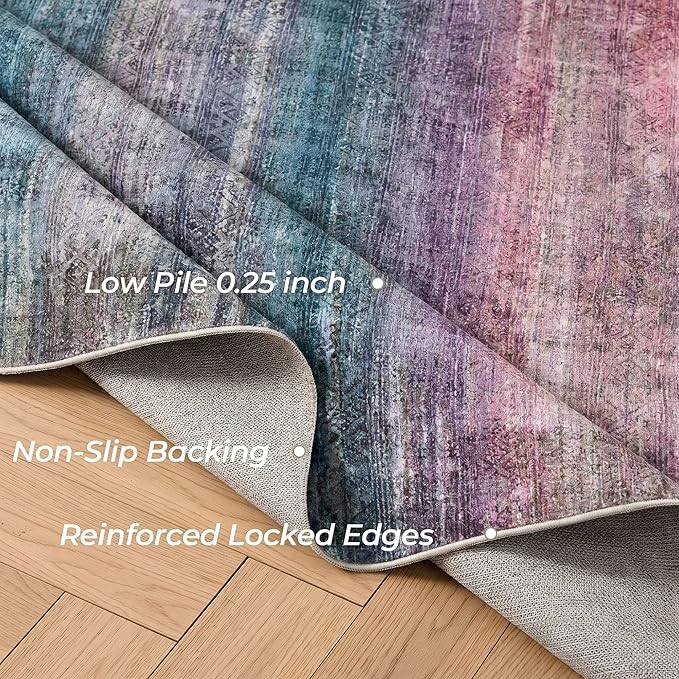Kokia Abstract Area Rugs Boho Washable Distressed Retro Indoor 6x9 Rug Multicolor Low Pile Non-Slip Non-Shedding Red Carpet Bedroom Living Room Dining Room, Oslo Orchid