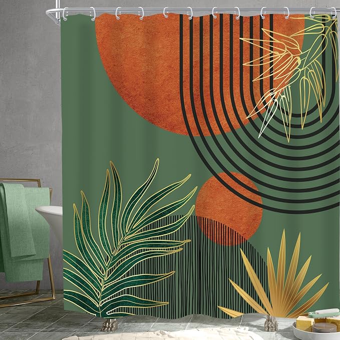 KOMLLEX Mid Century Green Orange Boho Shower Curtain for Bathroom Decor Abstract Modern Sun Minimalist Aesthetic Arch Curve Leaves Geometric Neutral Fabric Waterproof Polyester 12 Pack Hooks 72Wx72L