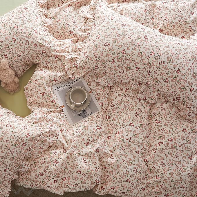 Pink Flower Duvet Cover Set Twin XL 100% Cotton Cute Floral Duvet Cover with Ruffle Pillowcases Girls Cottagecore Bedding Set Aesthetic Garden Style Flower Blooming Comforter Cover with Zipper Closure