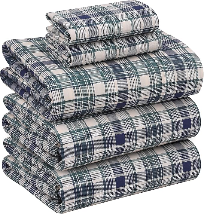 RUVANTI 100% Cotton Split King Sheets Sets for Adjustable Bed, 5 PCs, Soft & Breathable Percale Weave Bedding, Deep Pocket 16", Hotel Standard, Crisp Cool Feel & Durable Sheet, Greenish Blue Plaid