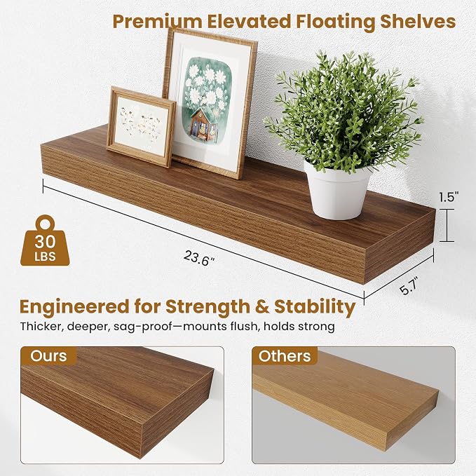 Fun Memories Floating Shelves Set of 2, 24 Inch Floating Shelves for Wall, Wood Wall Shelves with Invisible Brackets, for Bathroom, Bedroom, Living Room, Kitchen, Walnut