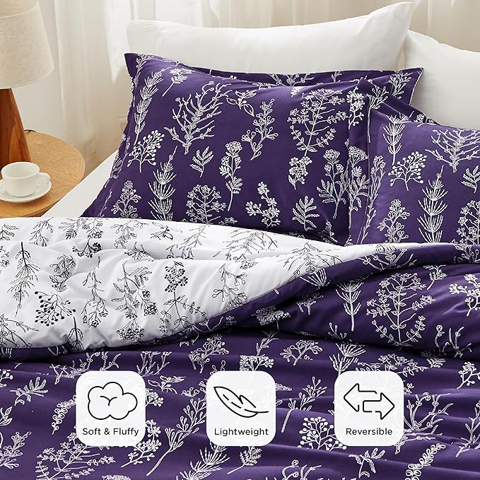 Bedsure Full Comforter Set - Dark Purple Bed Set, 3 Pieces Cute Floral Bedding, 1 Soft Reversible Botanical Flowers Comforter and 2 Pillow Shams