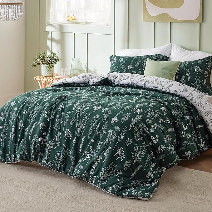 Bedsure Full Comforter Set - Emerald Bed Set, 3 Pieces Cute Floral Bedding, 1 Soft Reversible Botanical Flowers Comforter and 2 Pillow Shams