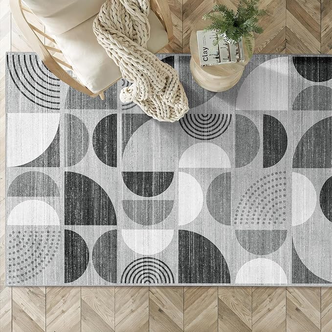 MUJOO 3x5 Rug Washable,Black and Grey Area Rugs for Bedroom Entryway Living Room Bedside,Small Boho Throw Floor Carpet Non Slip Soft Indoor Modern Abstract