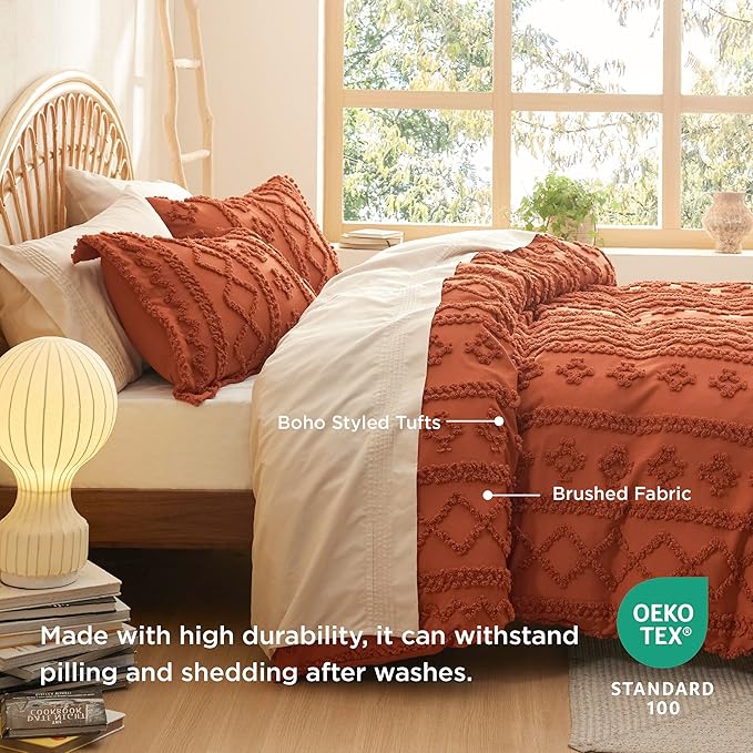 Bedsure Boho Duvet Cover Queen Size, Soft & Comfortable Elegant Design Boho Bedding for Decoration, Machine Washable Comforter Cover for All Seasons,Includes 1 Duvet Cover & 2 Pillow Shams,Terracotta