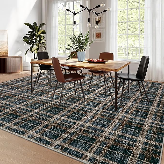 Large Living Room Rugs 10x13 Area Rug Stain Resistant Farmhouse Dining Room Carpet Non Slip Checkered Bordered Carpet for Classroom Dining Room, Black&Brown