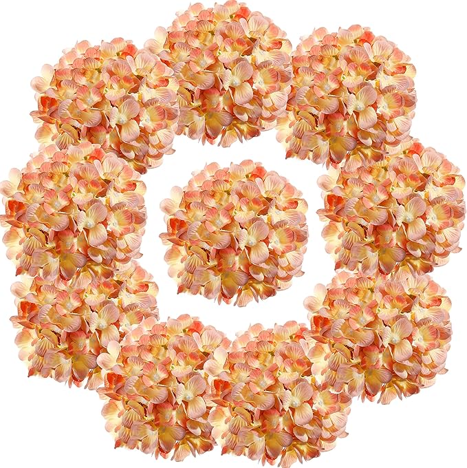 Silk Hydrangea Heads with Stems Artificial Flowers Heads for Home Wedding Decor,Pack of 10 (Light Orange)