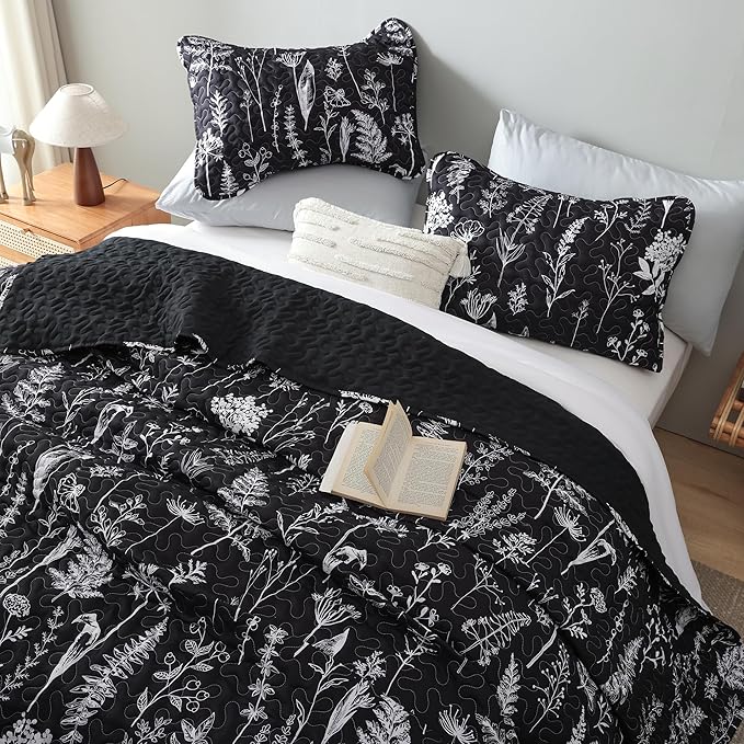 JANZAA Quilts Queen Size Bed Spread Botanical 3 Pieces Quilts Queen Size Sets with Floral Pattern Lightweight Microfiber Bedding Reversible 1 Quilt and 2 Pillow Cases-Black