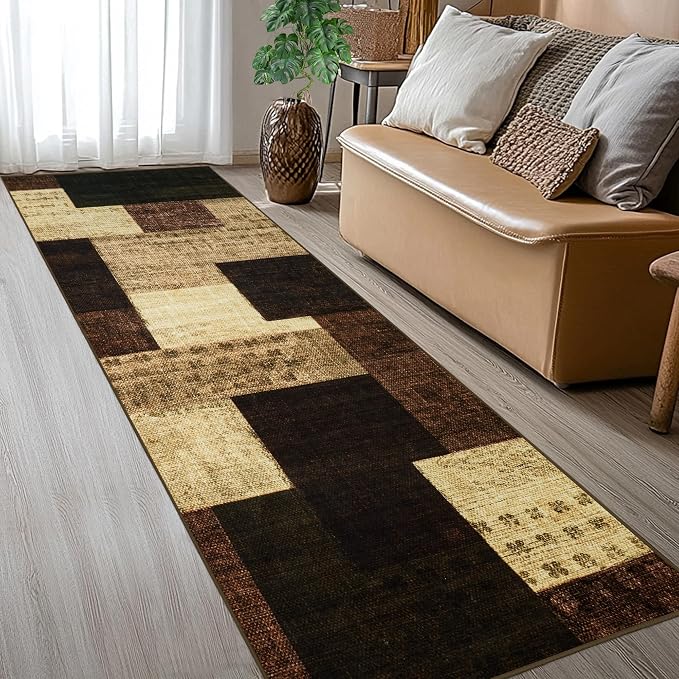 Modern Geometric Patchwork Indoor Runner Rug for Living Room, Warm Taupe 2.7'x 8' Rug Rockwood Collection Hardwood Floors Decor for Bedroom, Taupe Throw Carpet for Office Entryway Dining Room