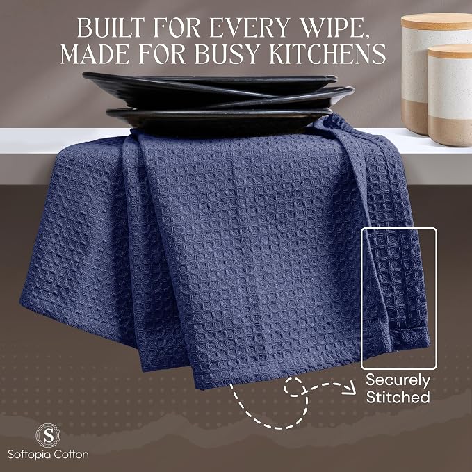 Waffle Weave Dish Towels 4 Pack, 16x26 Inches, Quick Dry Towels for Kitchen, Reusable, Absorbent Wash Cloths Set, Washable Fabric, Heavy Duty for Daily Use - Indigo Blue