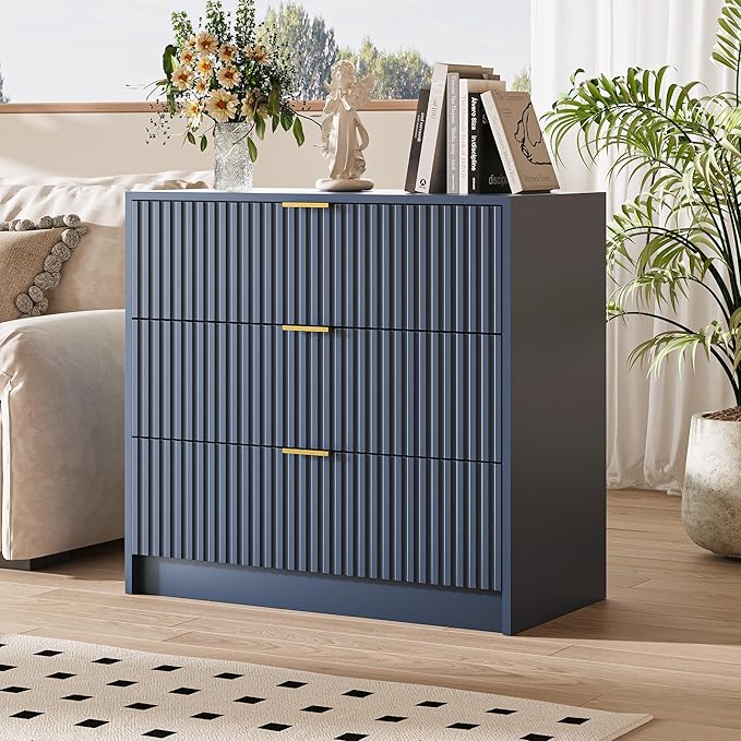 3-Piece Dresser Bedroom Set, 6 Drawer Dresser & 3 Drawer Nightstands with Gold Handles, Fluted Wood Chest of Drawers for Bedroom, Living Room, Entryway, Navy Blue