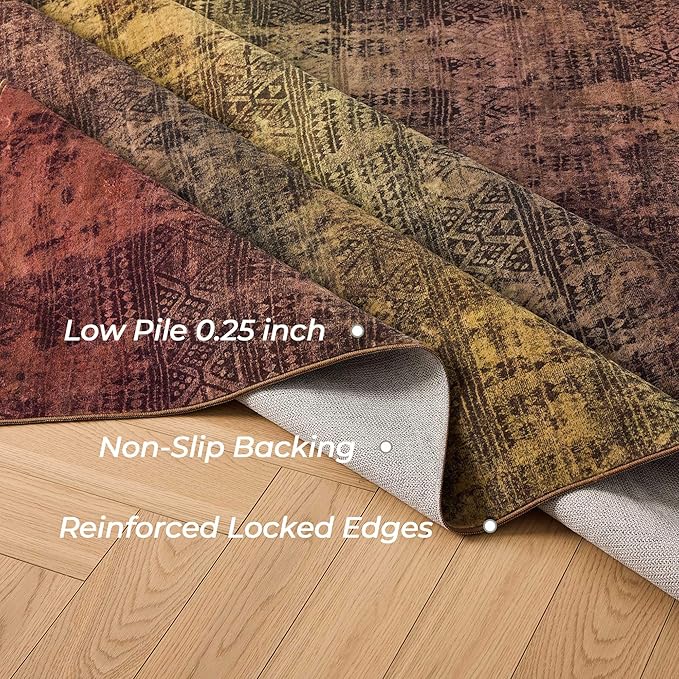 Kokia Abstract Terracotta Area Rugs Boho Washable Distressed Retro Indoor 6x9 Rug Low Pile Non-Slip Non-Shedding Carpet Bedroom Living Room Dining Room, Brown and Tan