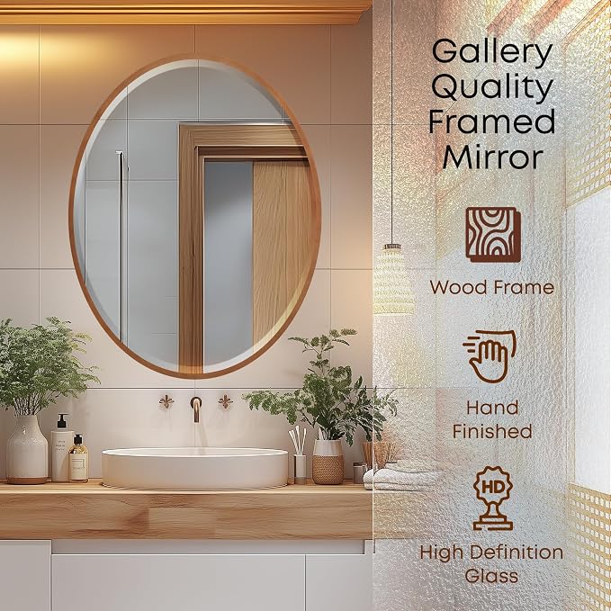 OVALCREST - Oval Wooden Beveled Wall Mirror for Home Decor, Bathroom, Vanity, Bedroom, Living Room, Hallway - London Style (Gold Spray) 31.1 x 25.1