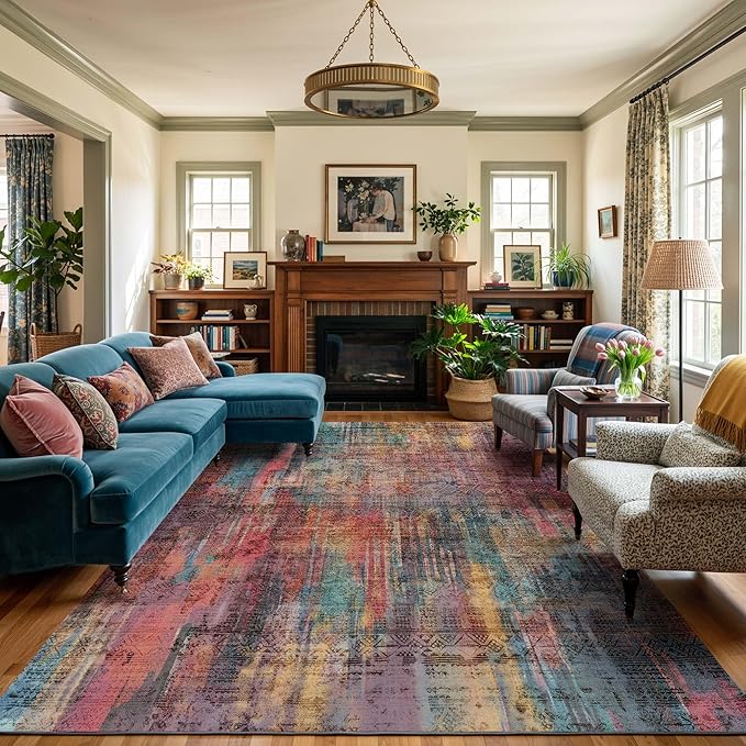 Kokia Abstract Area Rugs 9x12 Bedroom Washable Decor Low Pile Non-Slip Non-Shedding Indoor Brick Ochre Carpet Foldable Stain Resistant Floor Mat Living Room Dining Room, Oslo Cave