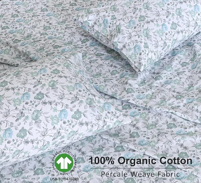 RUVANTI 100% Organic Cotton Sheets Queen Size, Percale Weave, GOTS Certified, 4-Piece Set, Deep Pocket 15", Crisp & Breathable, Soft Durable Bedding, Sábanas Algodón Orgánico – Cold Chrysanthemum