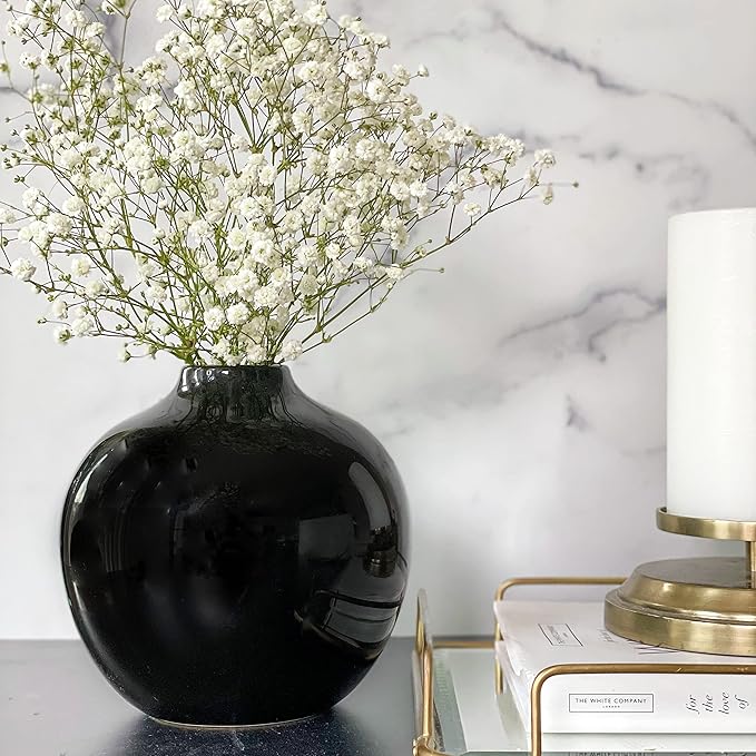 Willowy 7.5 Inch Large Black Ceramic Vase with Glossy Finish - Black Vases for Centerpieces, Vases for Home Decor, Round Gothic Vase for Flowers