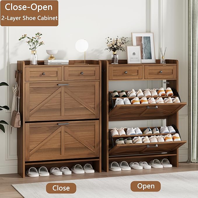 Shoe Cabinet with 2 Flip Drawers & 2 Top Drawers, 43" Tall Freestanding Narrow Wooden Shoe Storage Organizer for Entryway, Hidden Slim Shoe Rack for Front Door Entrance, Hallway, Living Room, Walnut