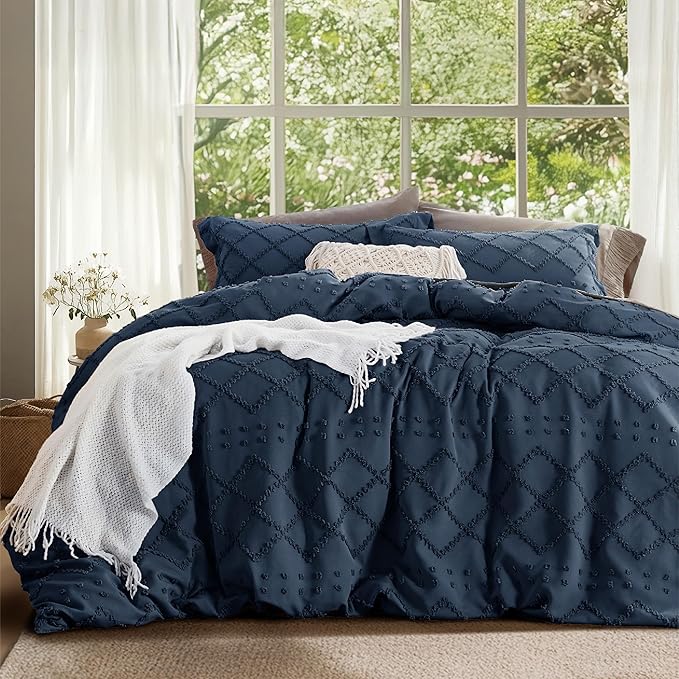 Bedsure Boho Cal King Duvet Cover - Navy Breathable & Soft Boho Bedding, Machine Washable Comforter Cover for All Seasons, Includes 1 Duvet Cover 104"x98" with 2 Pillow Shams & Zipper Closure