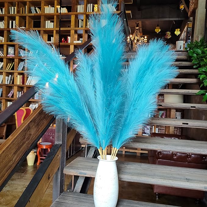 Premium Faux Pampas Grass Decor Tall & Fluffy, No Assembly Needed Long Pampas, Luxury Large Floral, Elegant Feather Flowers for Wedding Decorations(Faux Teal, 8pcs 43.3"(110cm))