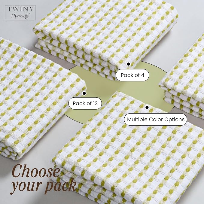 TWINY threads Waffle Kitchen Towels Set of 4, 16x26 Inches, 100% Cotton Waffle Weave Dish Cloth Pack, Super Absorbent & Fast Dry Tea Towels for Drying and Cleaning, Lemon Green, White