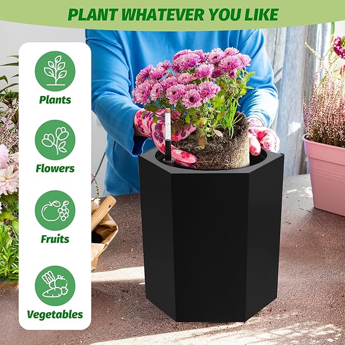 16in Flower Pot Set of 2, Self Watering Planters for Indoor Plants with Water Level Monitoring, Bottom Wheels and Water Outlet for Garden Plant Pots, Patio, Balcony, Lounge, Front Porch Decor