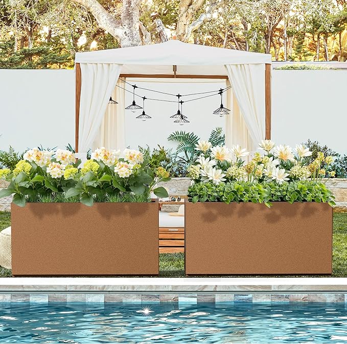 Metal Planter Box Rectangular Planter Box with Drainage Hole, Outdoor Large Planters, All-Weather Use, Rust-Resistance, for Flowers Plants, 32" L × 10" W × 16.3" H, Brown