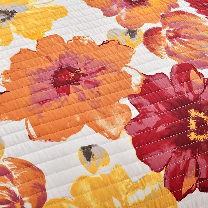 Lush Decor Leah Reversible Floral Quilt Set, 3 Piece Set, Full/ Queen, Red & Orange - Watercolor Botanical - Cottage Core - French Country Decor- Bedding Queen Size