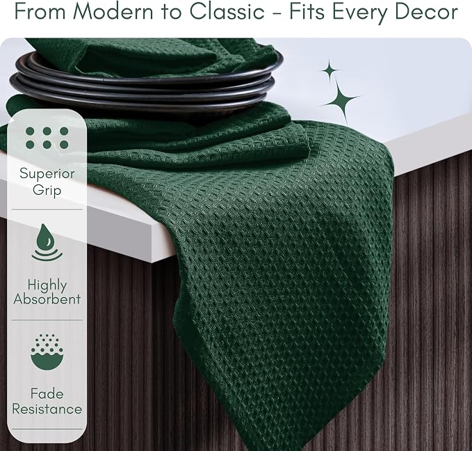 TWINY threads Waffle Weave Kitchen Towel Set of 12, 16x26 Inches, Premium 100% Cotton Dishcloths with Hanging Loop, Absorbent, Quick Drying Cloths for Drying Dishes, Washable, Reusable, Forest Green