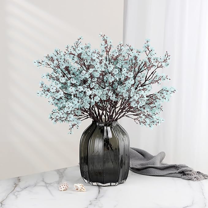 Babys Breath Silk Artificial Flowers Bulk With Vase 10pcs for Fall Decor Fake flower bouquet Bulk for Home Kitchen Indoor Bouquet Floral Arrangement Table Centerpieces Party Decor(Grey Blue)