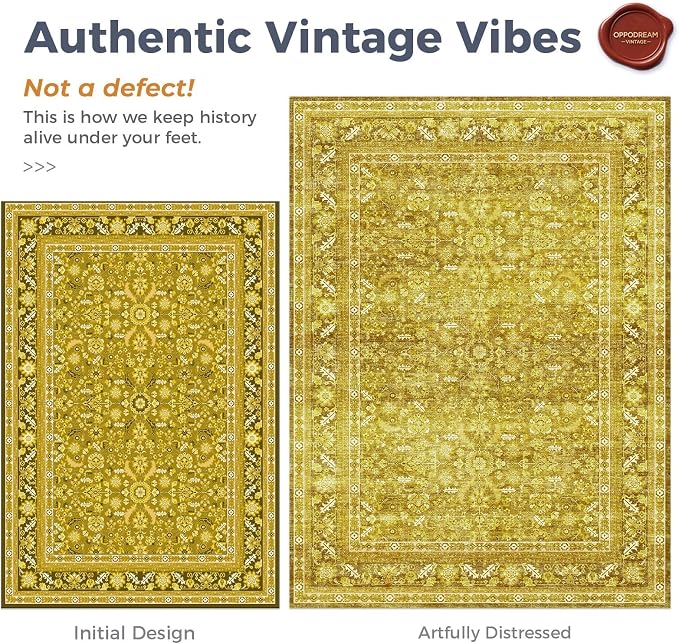 OPPODREAM Vintage Yellow Round Rug 4ft, 4 ft Retro Washable Circle Rug Non Slip, Low-Pile Faux Wool Circular Carpet, Distressed Floor Mat for Living Room, Bedroom, Office, Dorm, Dinning Room