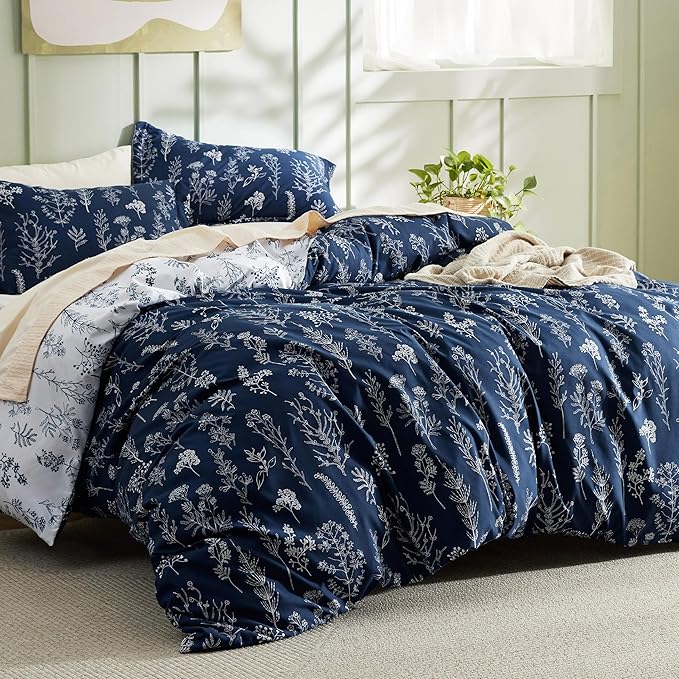 Bedsure Duvet Cover Queen Size - Reversible Navy Blue Queen Duvet Cover Set with Zipper Closure, 3 Pieces Floral Patterned Bedding Set with 8 Corner Ties and 2 Pillow Shams
