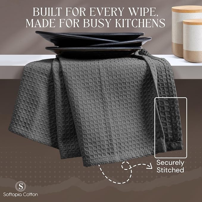 Gray Waffle Kitchen Dish Towels, 100% Cotton, Quick Dry, Super Absorbent, Soft, 16x26 Inches - Ideal for Dish Drying, Bar, Tea, Cleaning, and Everyday Use, 4 Pack, Grey
