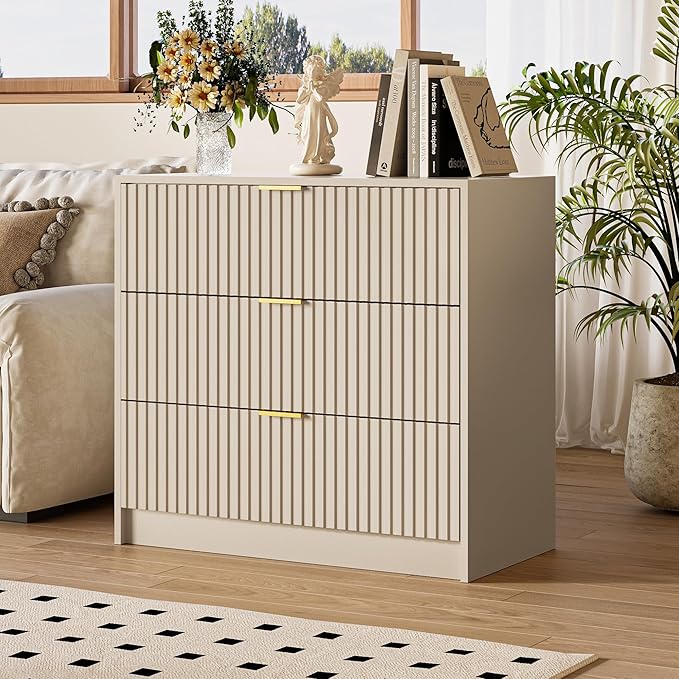 3-Piece Dresser Bedroom Set, 9 Drawer Dresser & 3 Drawer Nightstands with Gold Handles, Fluted Wood Chest of Drawers for Bedroom, Living Room, Entryway, Beige