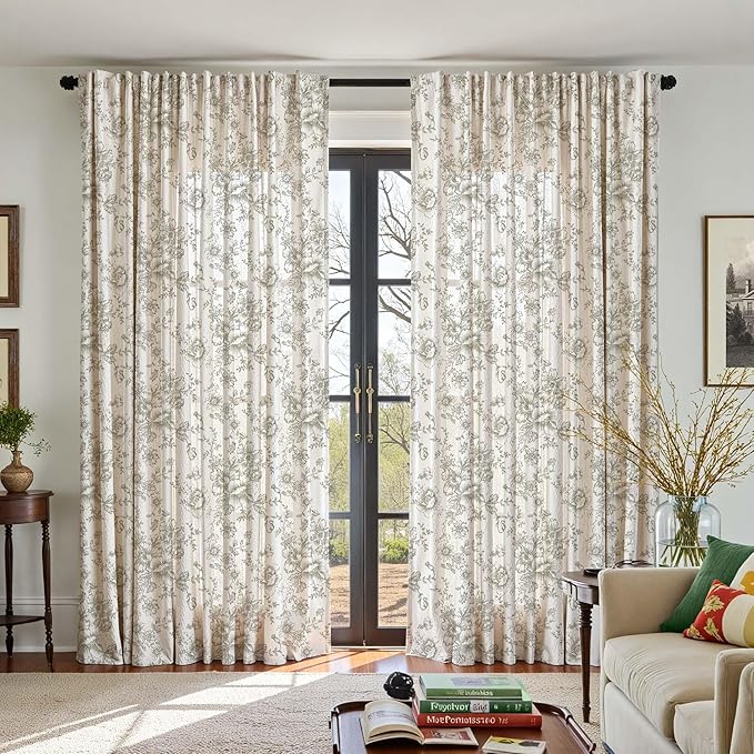 jinachan Linen Floral Curtains Extra Wide for Patio Sliding Glass Door Room Divider Curtain for Living Room Christmas Drapes 96 Inch Length Farmhouse Peony Green Printed Curtain Set 1 Panel