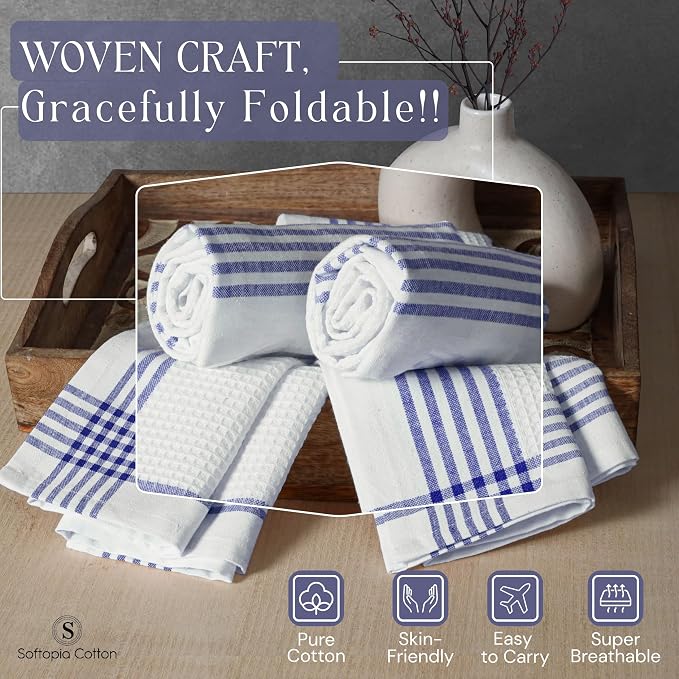 Waffle White & Indigo Blue Kitchen Towels 12 Pack, 100% Cotton, 16x26 inches, Premium Dish Towel, Long Lasting Bar Mop Cloths, Perfect for Drying Dishes, Cooking and Cleanup