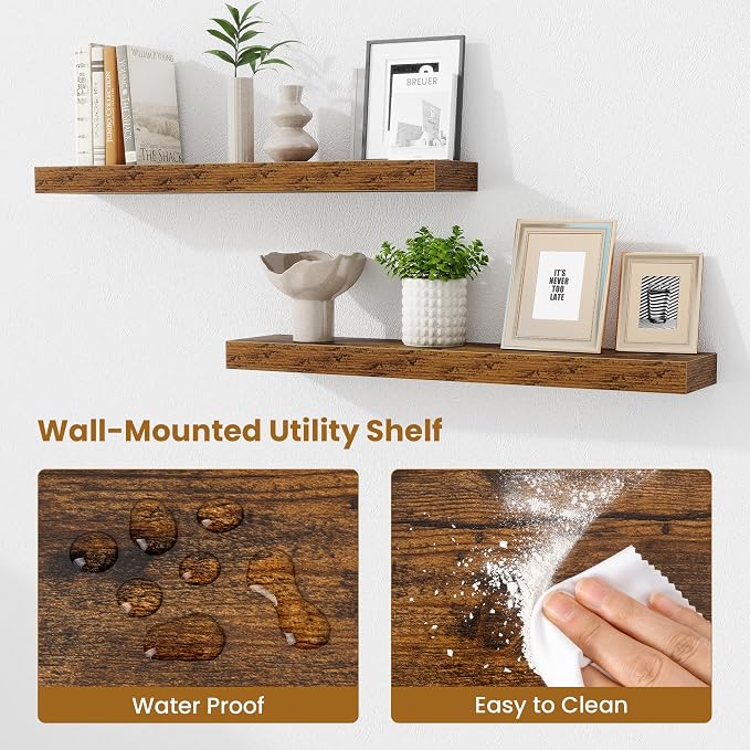 Fun Memories Bathroom Shelves 32 Inch Long Set of 2, Floating Shelves for Wall with Invisible Brackets, for Bedroom, Living Room, Kitchen, Rustic Brown