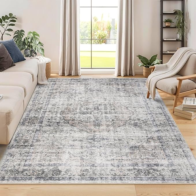 Washable 5x7 Area Rugs for Living Room Low Pile Boho Small Carpet Soft Bedroom Rug Vintage Distressed Indoor Rugs Non Shedding Thin Retro Carpet for Kitchen Nursery Dining Room, Beige