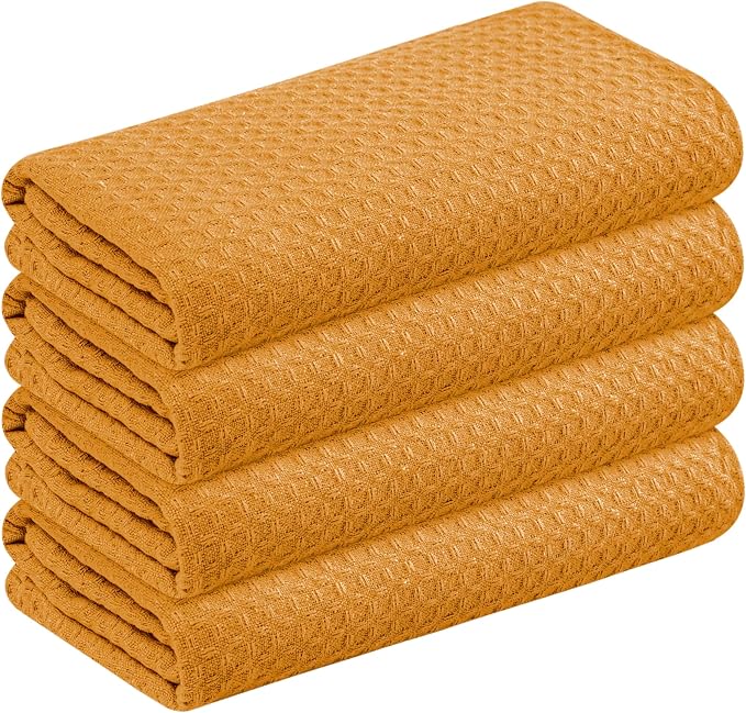 Mustard Yellow Waffle Kitchen Dish Towels 100% Cotton, Soft, Absorbent, Quick Drying, Multipurpose Use, Bar & Hand Towels, 16x26 Inches, Durable, Machine Washable, Reusable, Set of 4