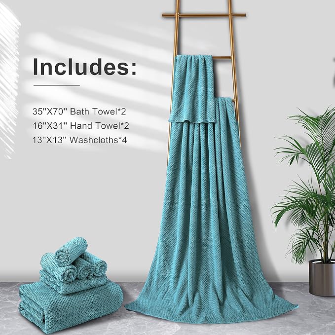 Smuge 8-Piece Turquoise Bath Towel Set, 2 Extra Large Bath Towel Sheets, 2 Hand Towels and 4 Washcloths - Highly Absorbent Quick Dry Microfiber,Ultra Soft Towel Set for Bathroom, Waffle Weave Design