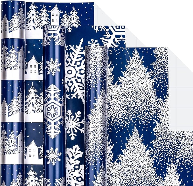 LeZakaa Navy Christmas Wrapping Paper Min Roll, Snowy Woodland Scenes House Snowflake Tree Holiday Gift Wrap, Arts Craft, for Xmas Winter Party Men Women, 17 x 120 inches, 3 Rolls