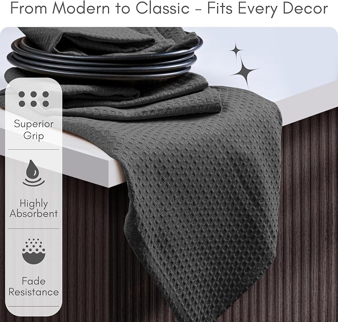 TWINY threads Kitchen Towels Set of 12, 100% Soft Cotton Waffle Weave Dish Towels, Tea Towels with Hanging Loop, Resuable Bar Towels for Table Cleaning, Dinning, Parties- 16"X 26" - Grey