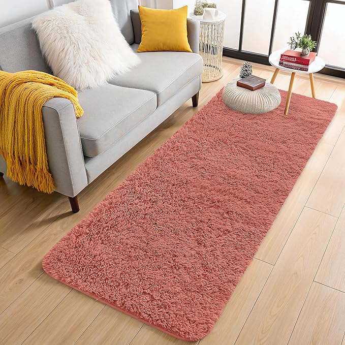 OLANLY 2x8 Machine Washable Runner Rugs for Hallway, Soft Fluffy Shaggy Bedside Rugs for Bedroom, Living Room, Indoor Floor Carpet for Kids Girls and Boys, Home Decor Aesthetic, Rust Red