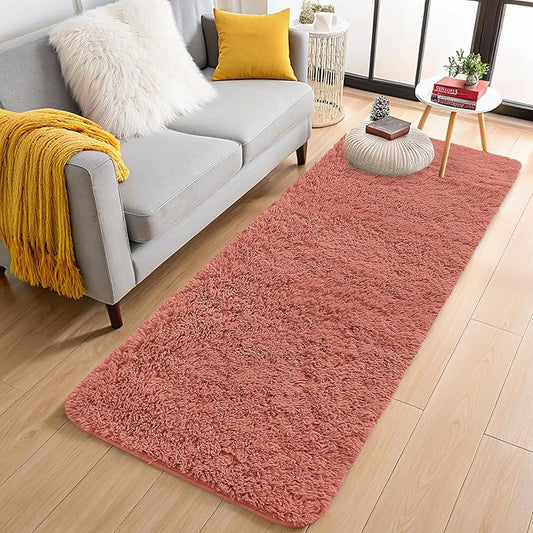 OLANLY 2x8 Machine Washable Runner Rugs for Hallway, Soft Fluffy Shaggy Bedside Rugs for Bedroom, Living Room, Indoor Floor Carpet for Kids Girls and Boys, Home Decor Aesthetic, Rust Red